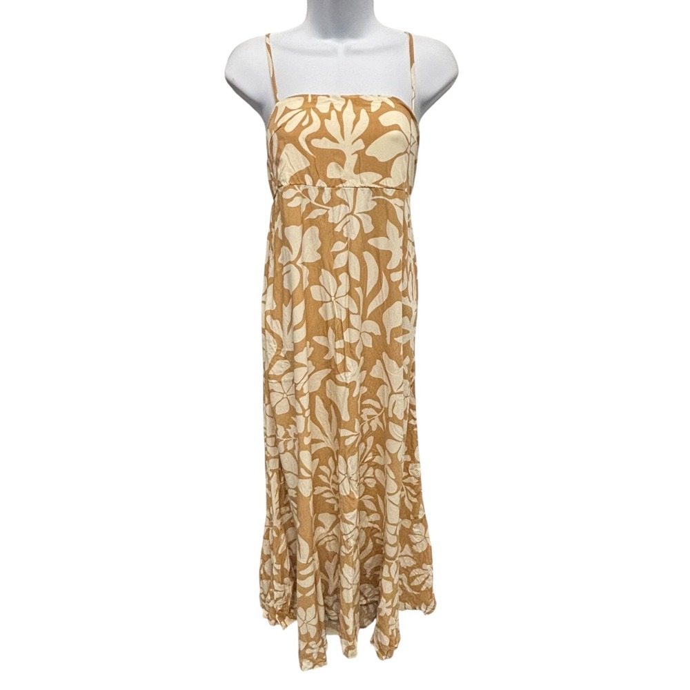Paper Heart Anthro Tan Floral Maxi Dress Adjustable Straps Smocked Back Size S